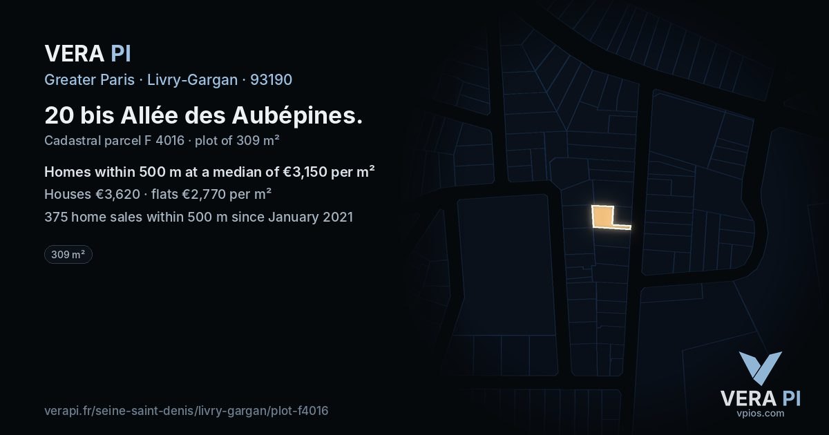 20 bis Allée des Aubépines, Livry-Gargan at night – the plot lit, the parcels around coloured by the prices near them