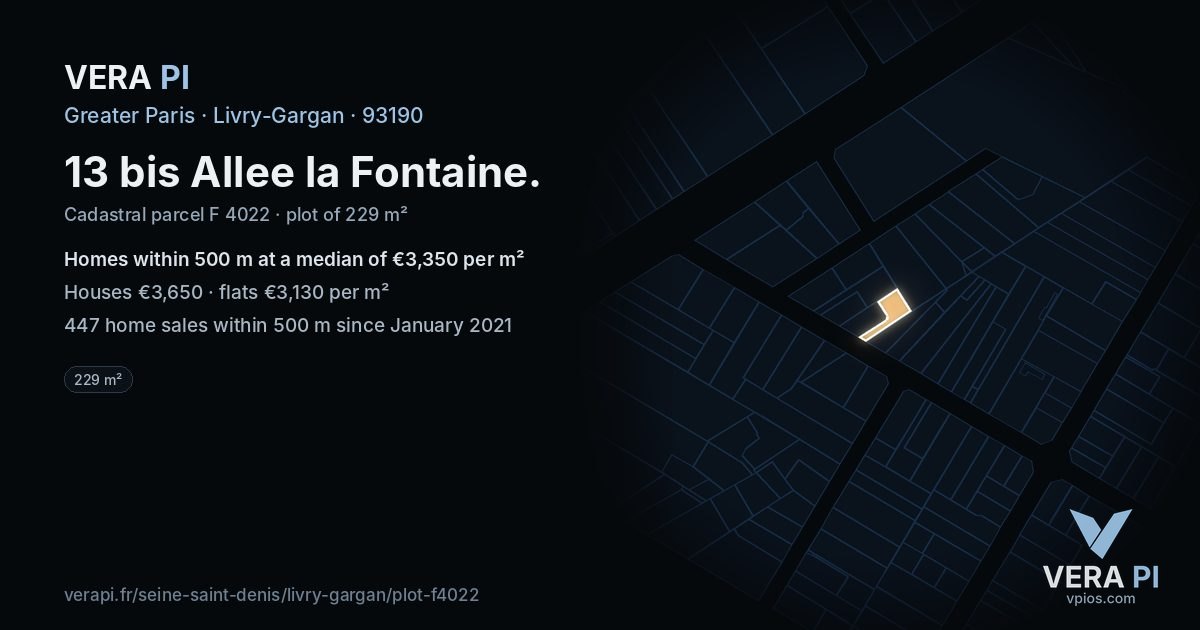 13 bis Allee la Fontaine, Livry-Gargan at night – the plot lit, the parcels around coloured by the prices near them