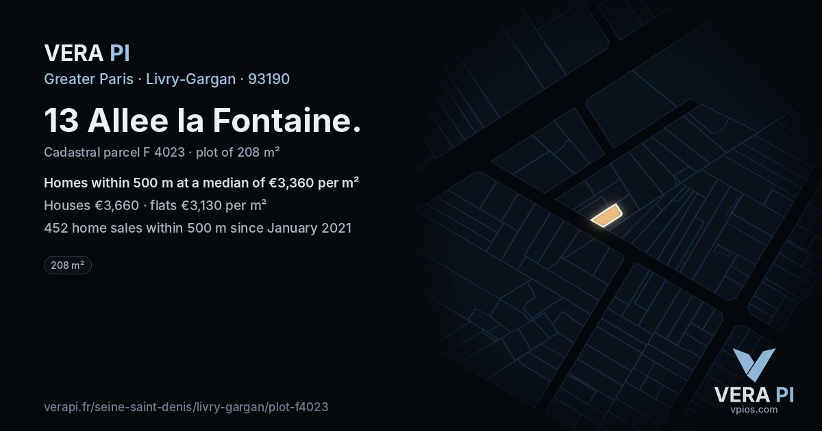 13 Allee la Fontaine, Livry-Gargan at night – the plot lit, the parcels around coloured by the prices near them