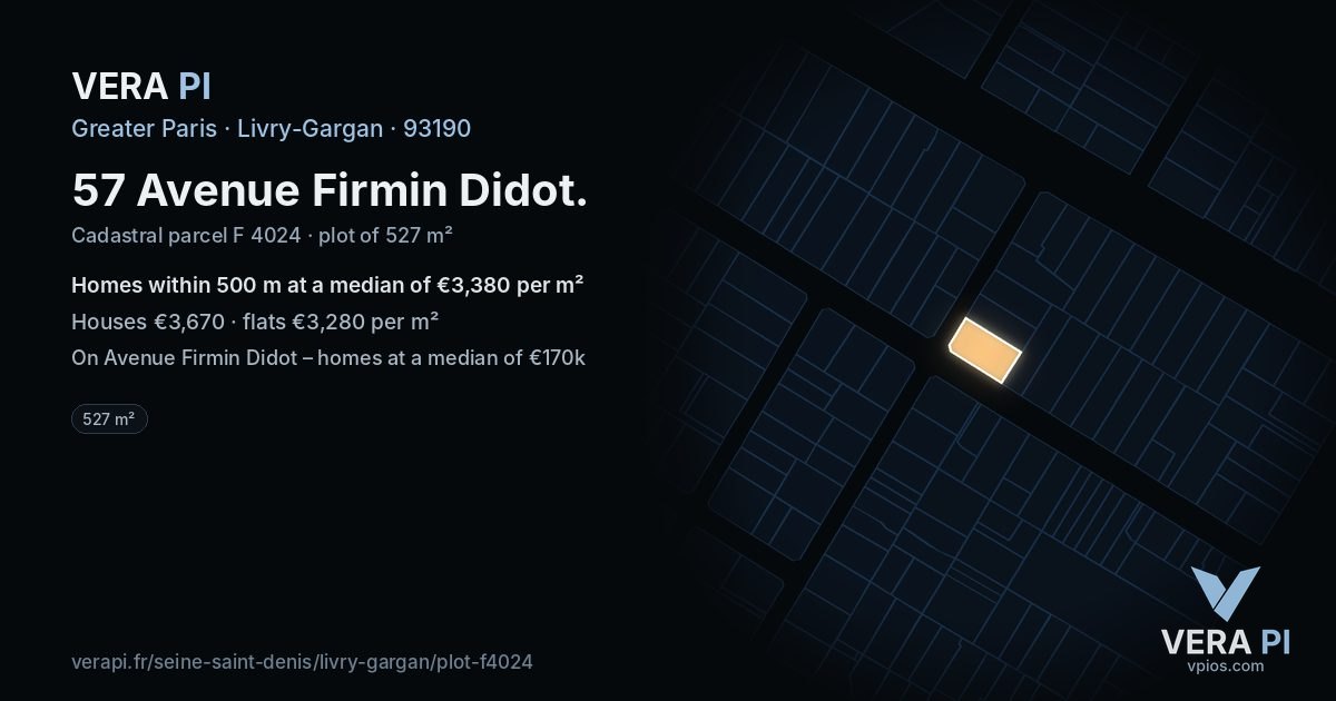 57 Avenue Firmin Didot, Livry-Gargan at night – the plot lit, the parcels around coloured by the prices near them