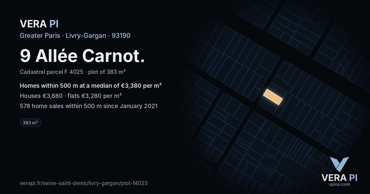 9 Allée Carnot, Livry-Gargan at night – the plot lit, the parcels around coloured by the prices near them