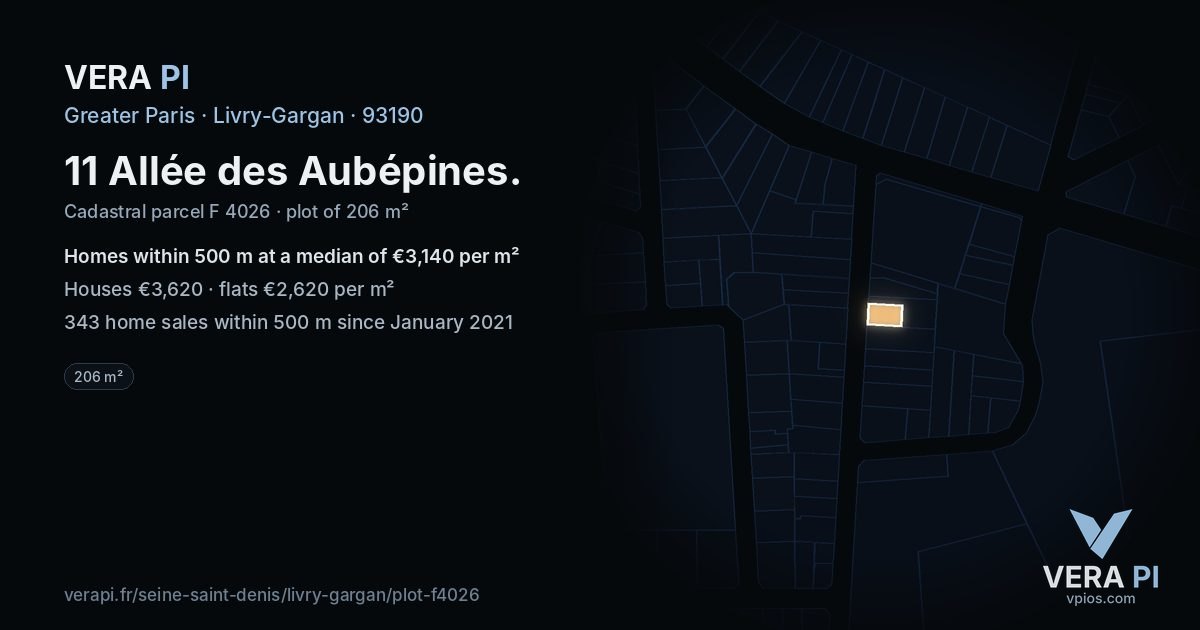 11 Allée des Aubépines, Livry-Gargan at night – the plot lit, the parcels around coloured by the prices near them