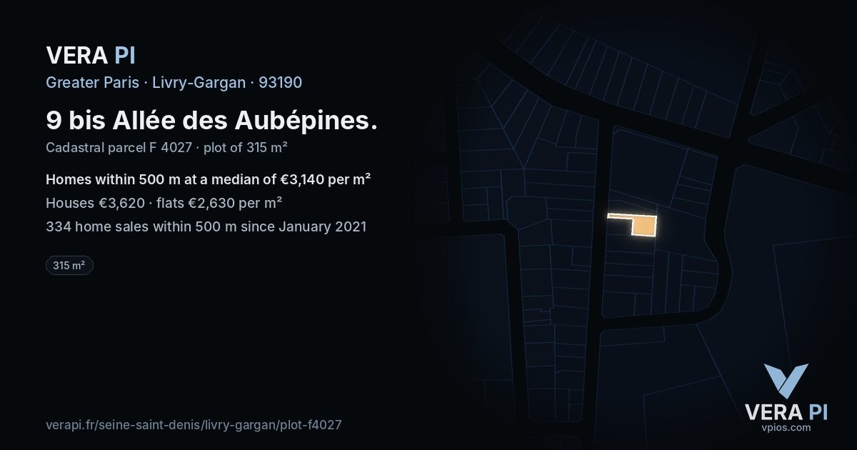 9 bis Allée des Aubépines, Livry-Gargan at night – the plot lit, the parcels around coloured by the prices near them