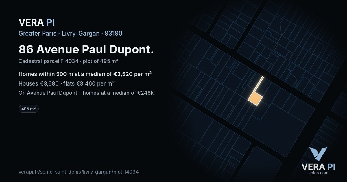 86 Avenue Paul Dupont, Livry-Gargan at night – the plot lit, the parcels around coloured by the prices near them