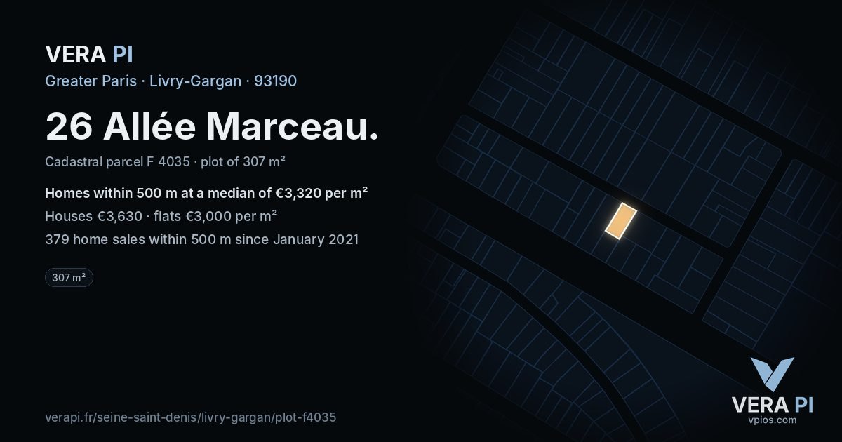 26 Allée Marceau, Livry-Gargan at night – the plot lit, the parcels around coloured by the prices near them