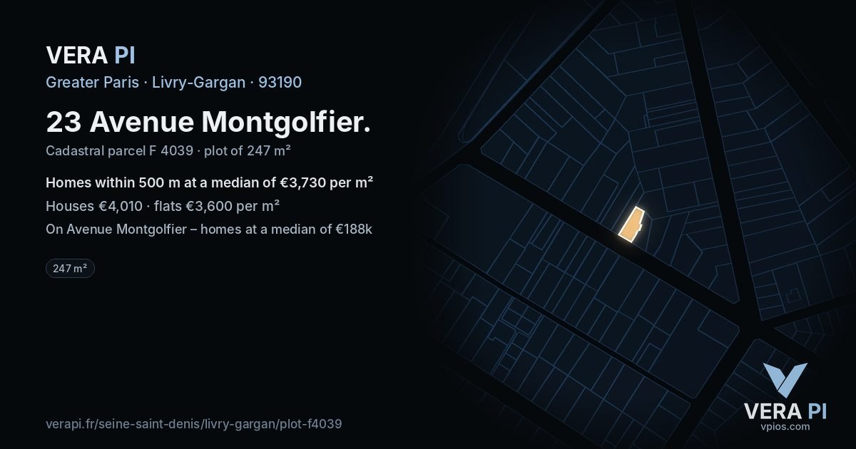 23 Avenue Montgolfier, Livry-Gargan at night – the plot lit, the parcels around coloured by the prices near them