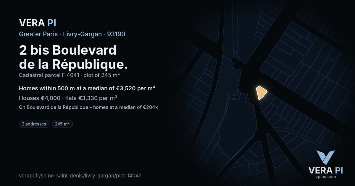 2 bis Boulevard de la République, Livry-Gargan at night – the plot lit, the parcels around coloured by the prices near them