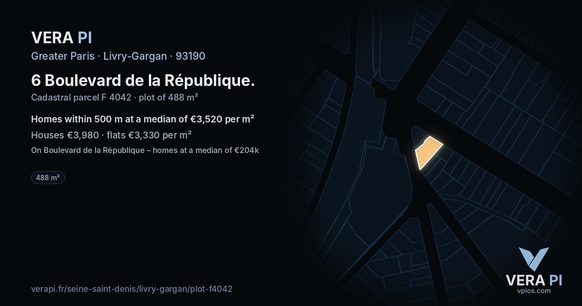 6 Boulevard de la République, Livry-Gargan at night – the plot lit, the parcels around coloured by the prices near them