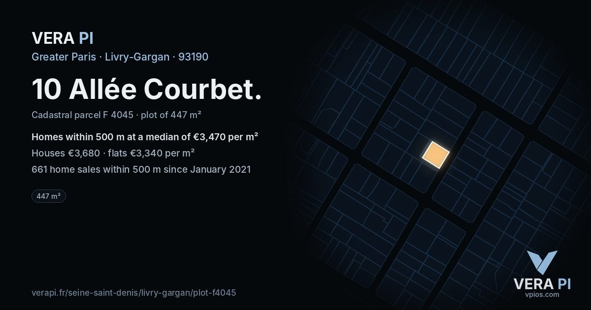 10 Allée Courbet, Livry-Gargan at night – the plot lit, the parcels around coloured by the prices near them