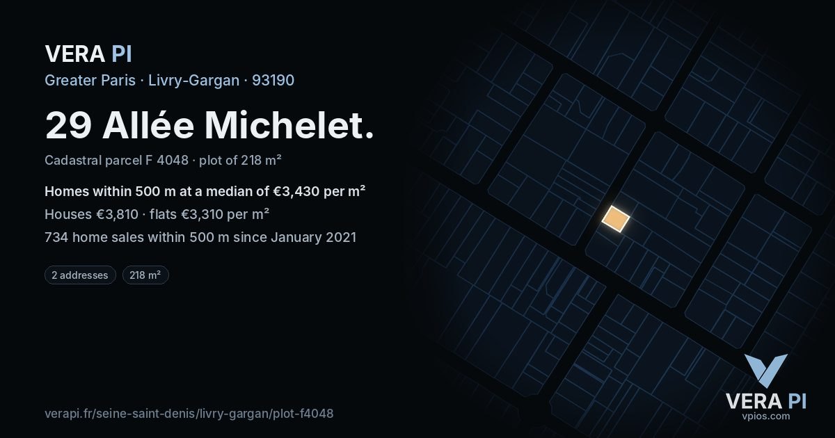 29 Allée Michelet, Livry-Gargan at night – the plot lit, the parcels around coloured by the prices near them