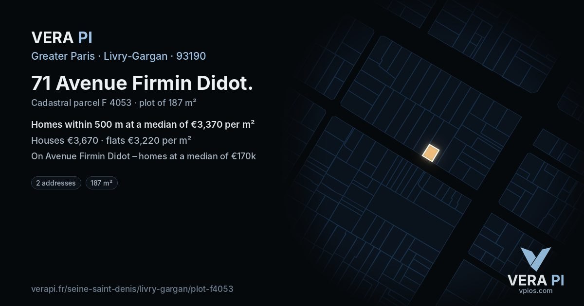 71 Avenue Firmin Didot, Livry-Gargan at night – the plot lit, the parcels around coloured by the prices near them