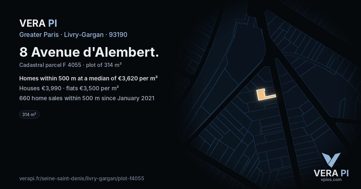 8 Avenue d'Alembert, Livry-Gargan at night – the plot lit, the parcels around coloured by the prices near them