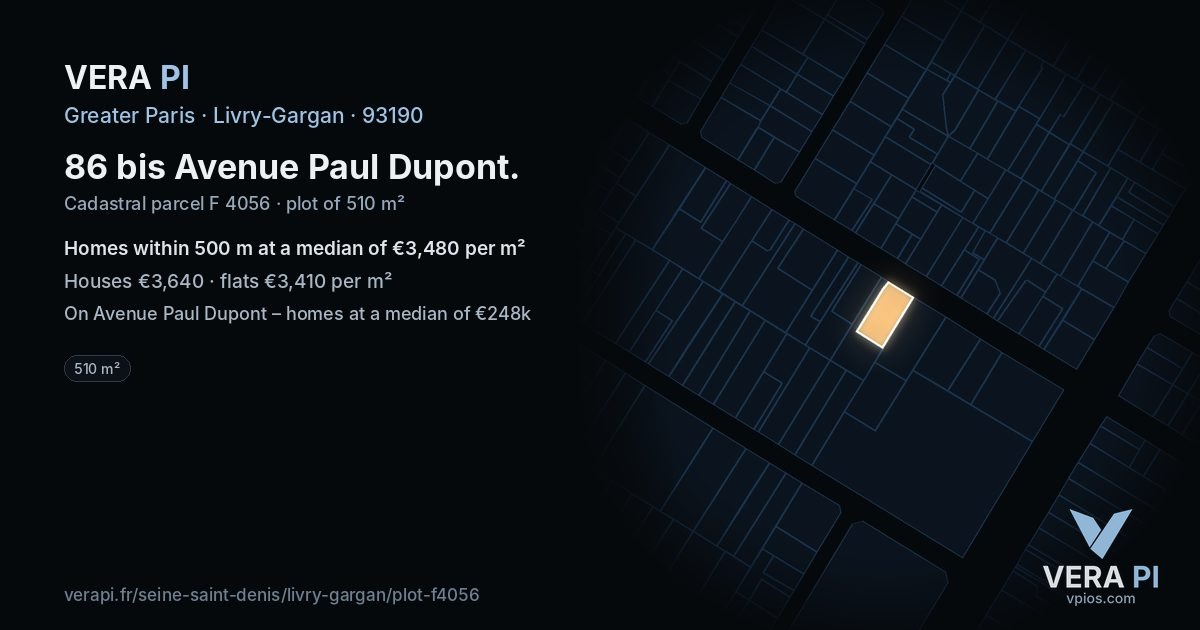 86 bis Avenue Paul Dupont, Livry-Gargan at night – the plot lit, the parcels around coloured by the prices near them