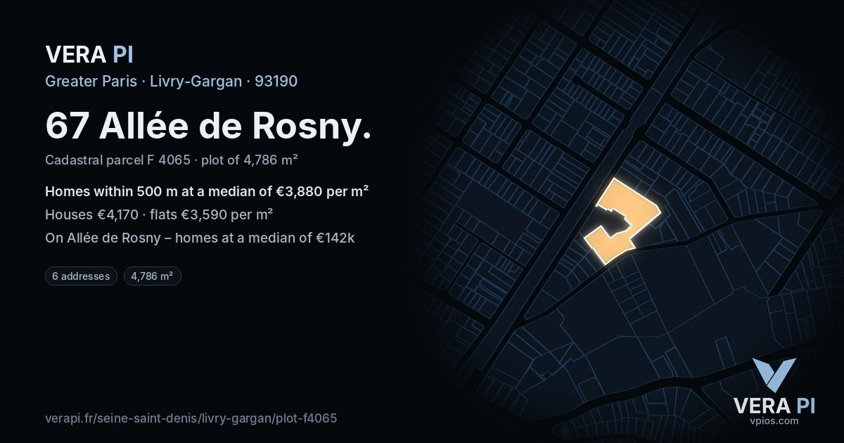67 Allée de Rosny, Livry-Gargan at night – the plot lit, the parcels around coloured by the prices near them