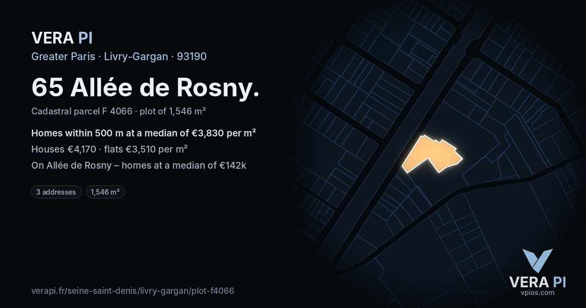 65 Allée de Rosny, Livry-Gargan at night – the plot lit, the parcels around coloured by the prices near them