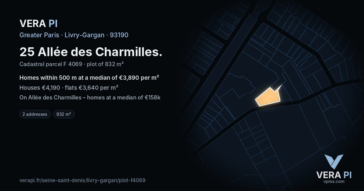 25 Allée des Charmilles, Livry-Gargan at night – the plot lit, the parcels around coloured by the prices near them