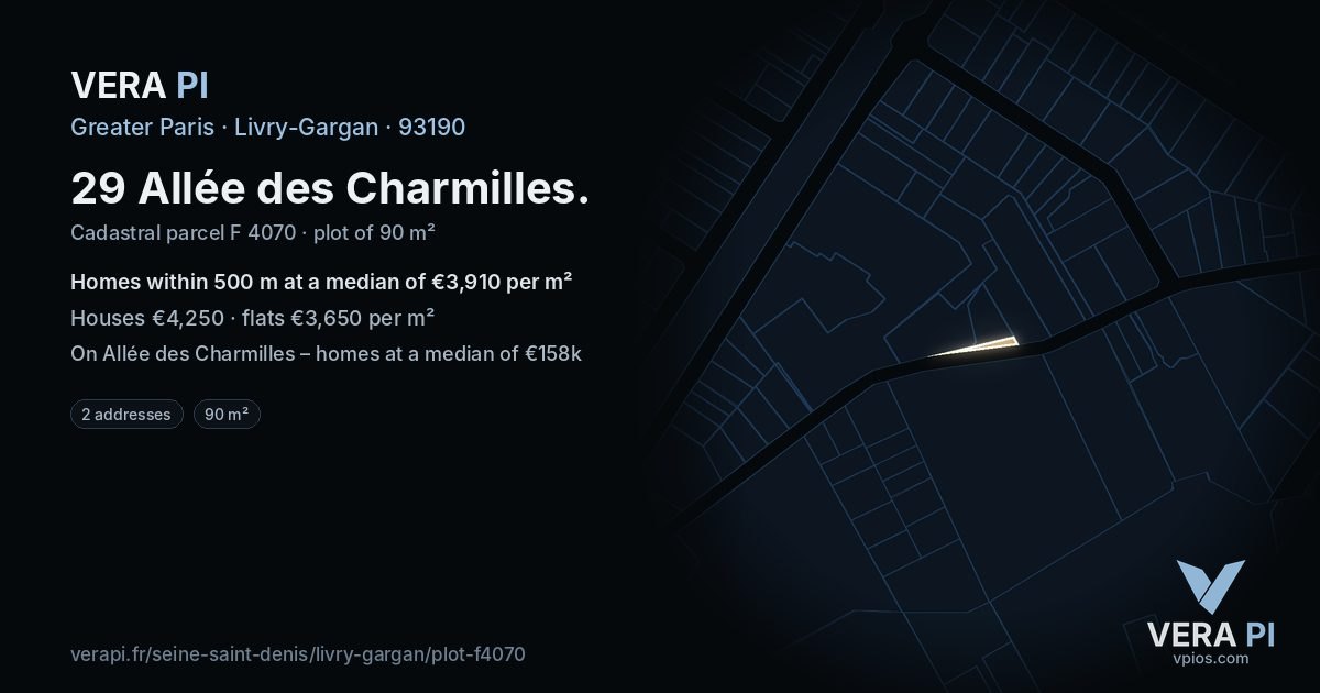 29 Allée des Charmilles, Livry-Gargan at night – the plot lit, the parcels around coloured by the prices near them