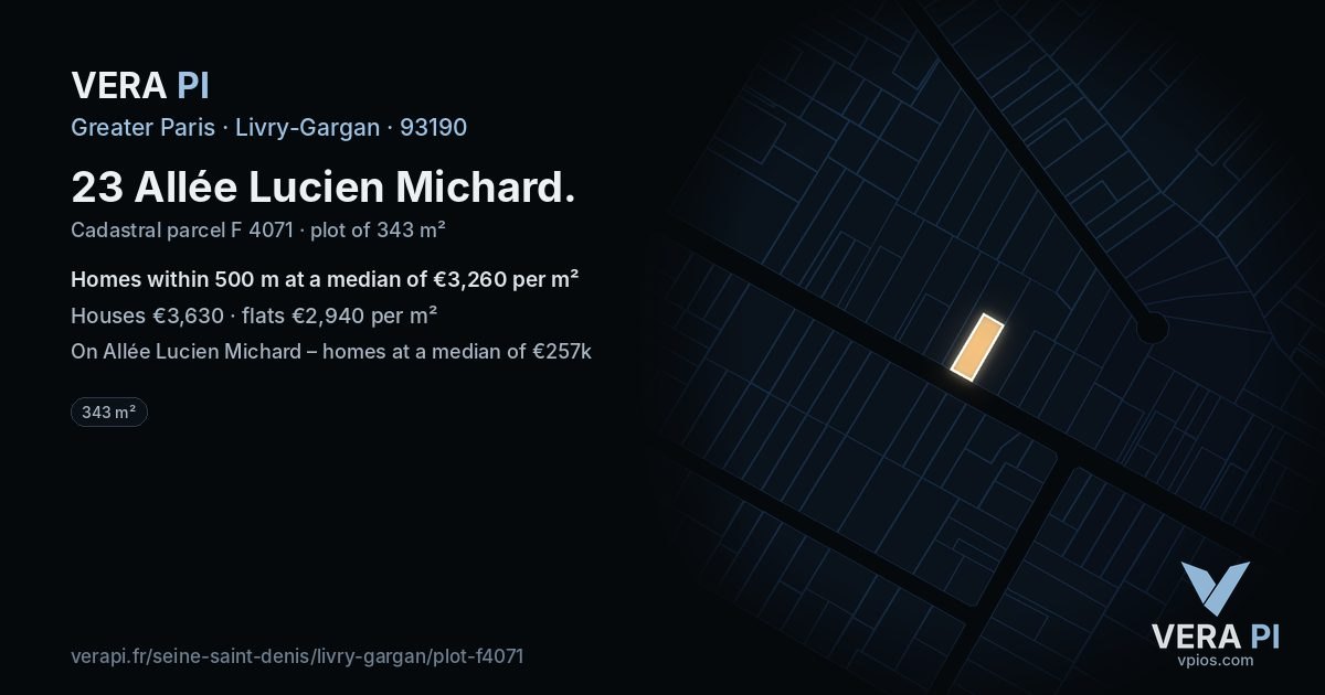 23 Allée Lucien Michard, Livry-Gargan at night – the plot lit, the parcels around coloured by the prices near them