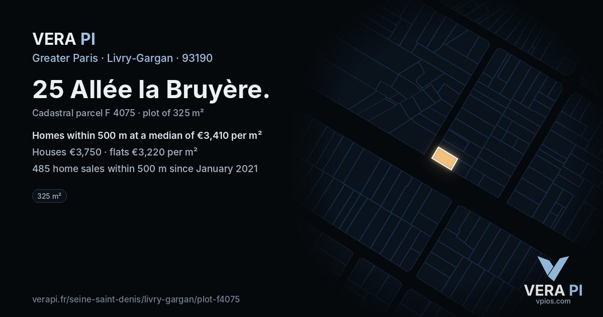 25 Allée la Bruyère, Livry-Gargan at night – the plot lit, the parcels around coloured by the prices near them