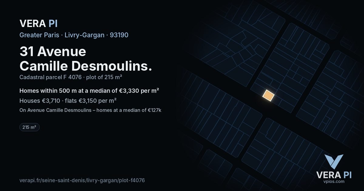 31 Avenue Camille Desmoulins, Livry-Gargan at night – the plot lit, the parcels around coloured by the prices near them