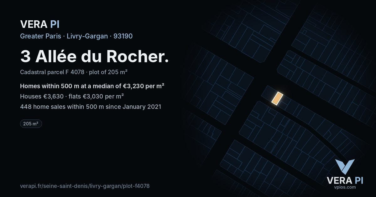 3 Allée du Rocher, Livry-Gargan at night – the plot lit, the parcels around coloured by the prices near them