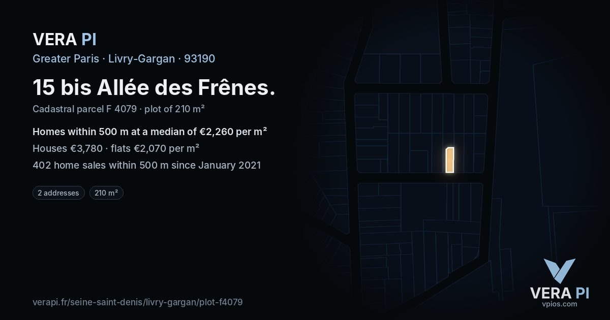 15 bis Allée des Frênes, Livry-Gargan at night – the plot lit, the parcels around coloured by the prices near them