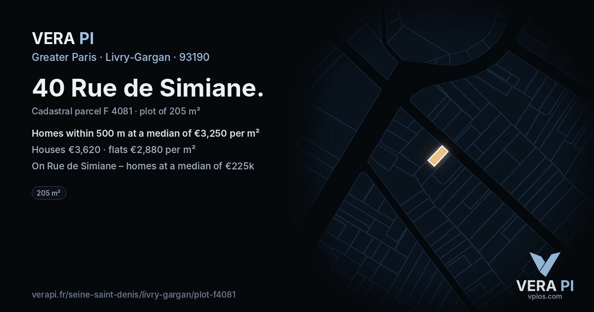 40 Rue de Simiane, Livry-Gargan at night – the plot lit, the parcels around coloured by the prices near them