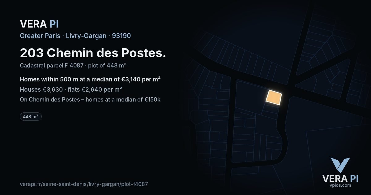 203 Chemin des Postes, Livry-Gargan at night – the plot lit, the parcels around coloured by the prices near them