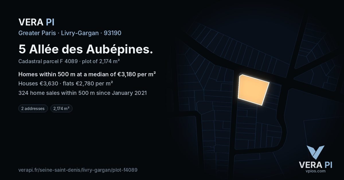 5 Allée des Aubépines, Livry-Gargan at night – the plot lit, the parcels around coloured by the prices near them