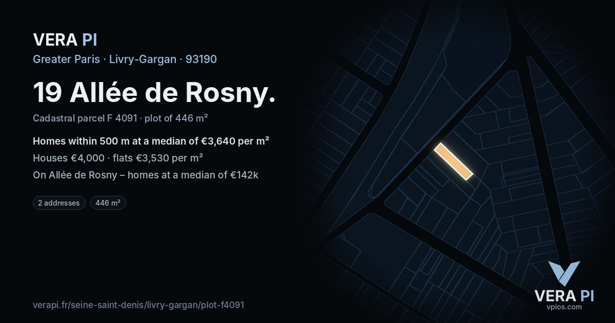 19 Allée de Rosny, Livry-Gargan at night – the plot lit, the parcels around coloured by the prices near them