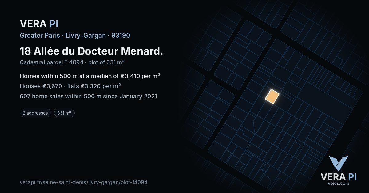 18 Allée du Docteur Menard, Livry-Gargan at night – the plot lit, the parcels around coloured by the prices near them