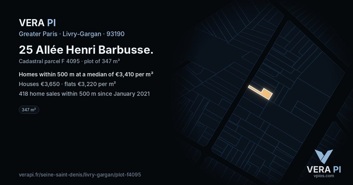 25 Allée Henri Barbusse, Livry-Gargan at night – the plot lit, the parcels around coloured by the prices near them
