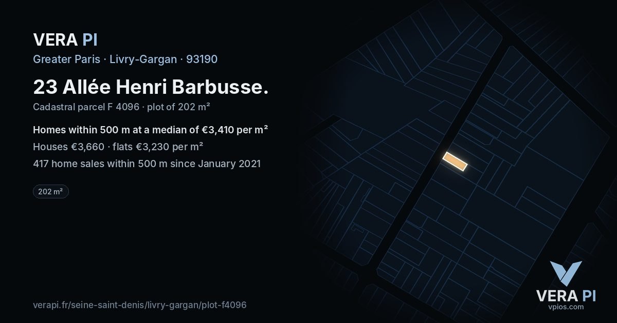 23 Allée Henri Barbusse, Livry-Gargan at night – the plot lit, the parcels around coloured by the prices near them