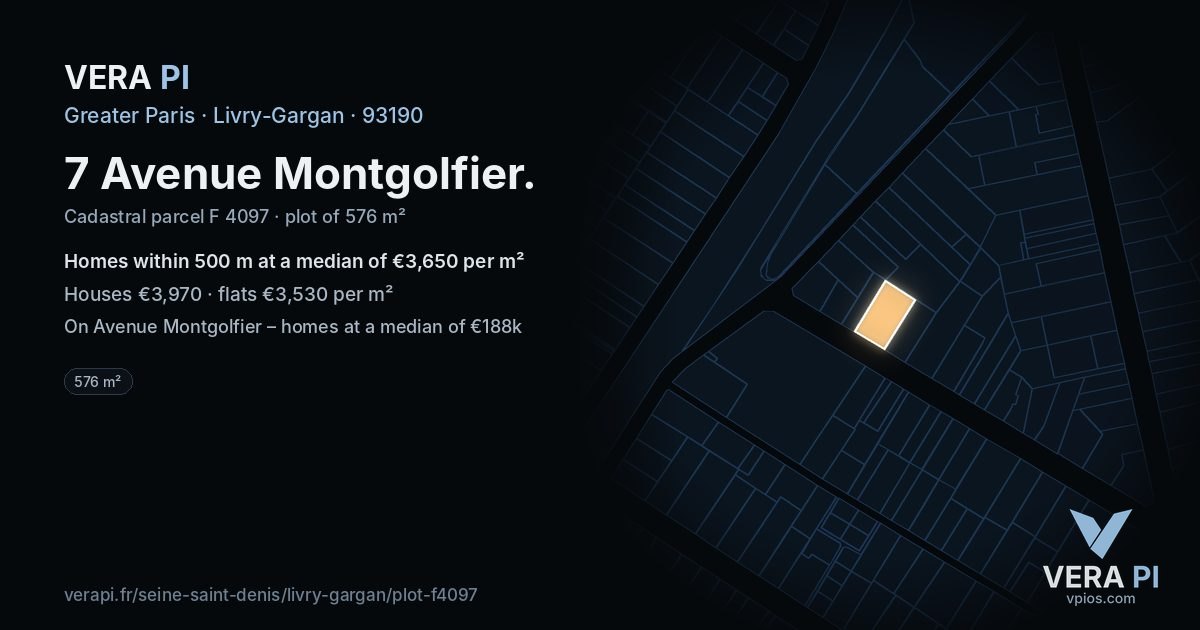 7 Avenue Montgolfier, Livry-Gargan at night – the plot lit, the parcels around coloured by the prices near them