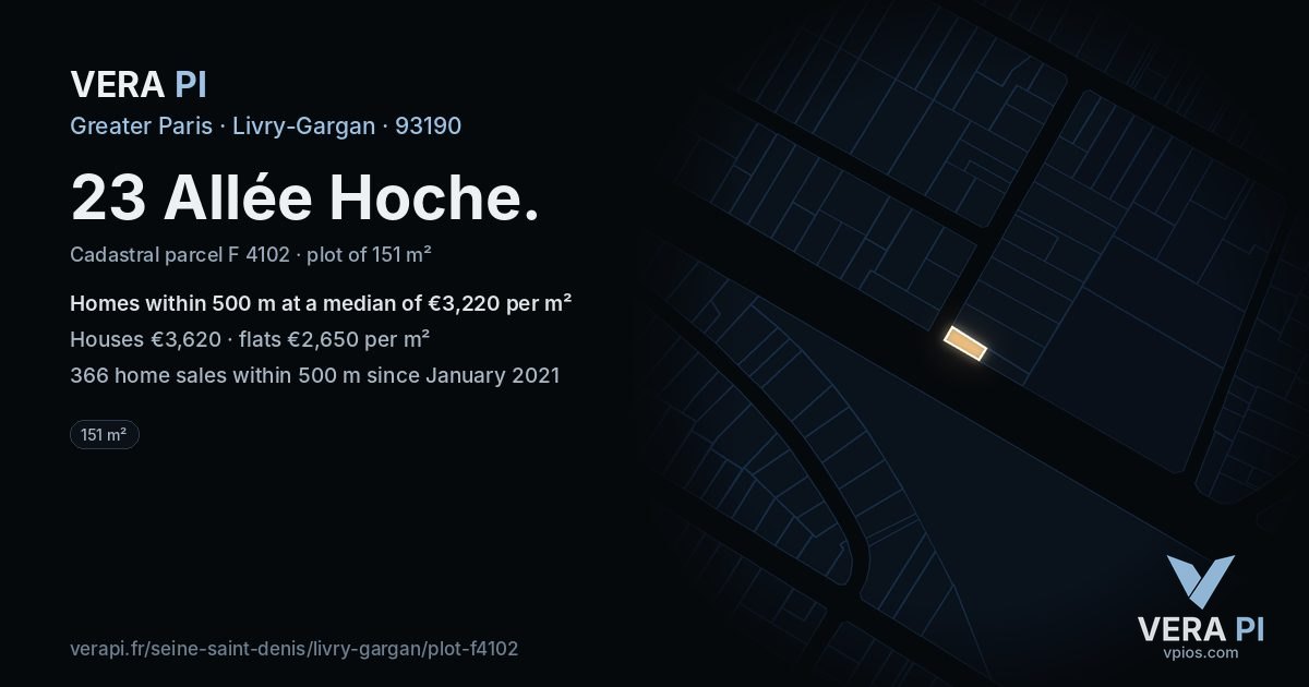 23 Allée Hoche, Livry-Gargan at night – the plot lit, the parcels around coloured by the prices near them