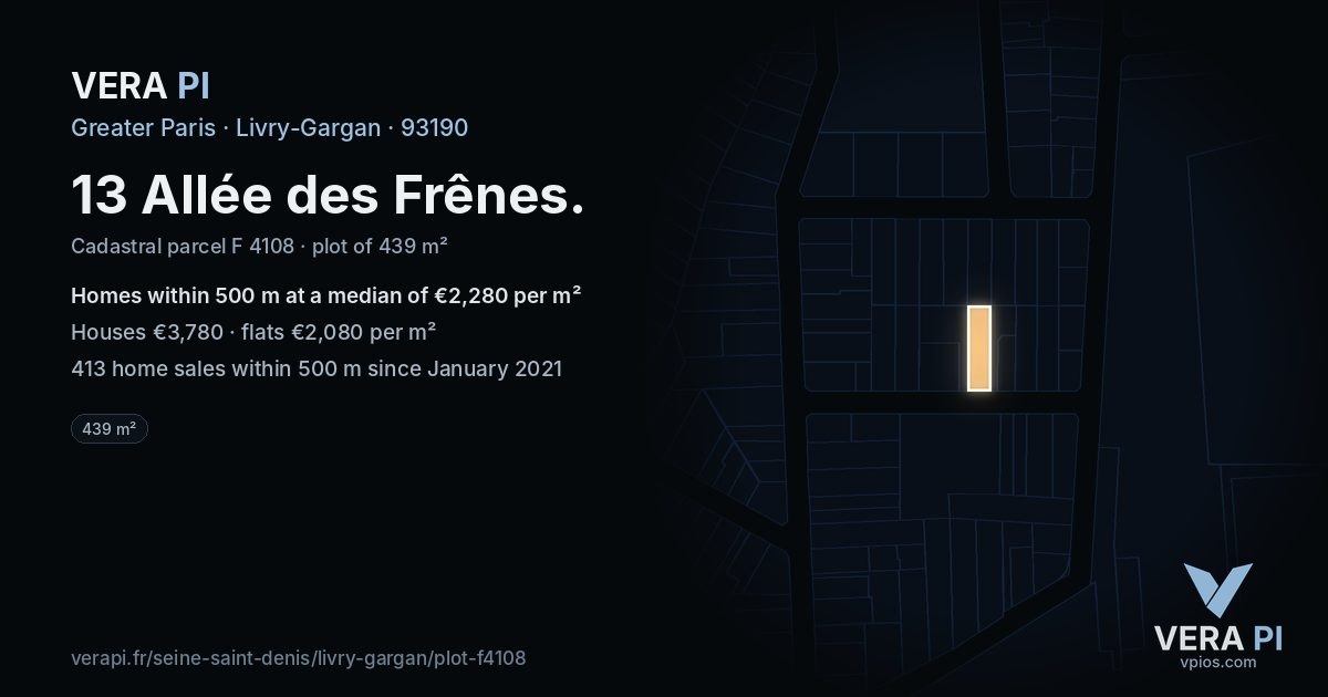 13 Allée des Frênes, Livry-Gargan at night – the plot lit, the parcels around coloured by the prices near them
