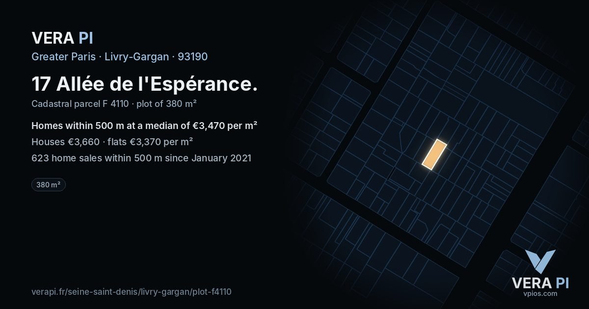 17 Allée de l'Espérance, Livry-Gargan at night – the plot lit, the parcels around coloured by the prices near them