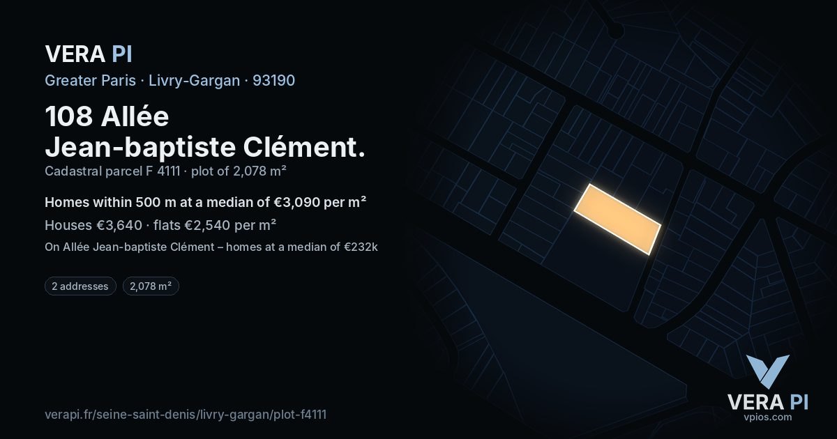 108 Allée Jean-baptiste Clément, Livry-Gargan at night – the plot lit, the parcels around coloured by the prices near them