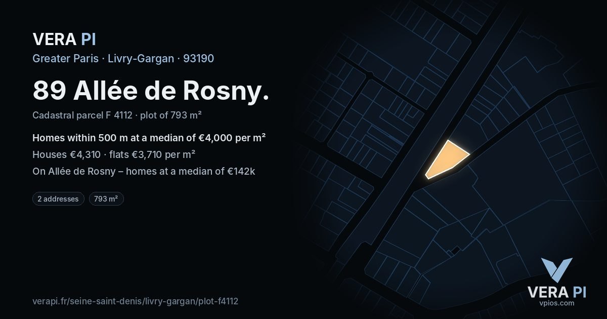 89 Allée de Rosny, Livry-Gargan at night – the plot lit, the parcels around coloured by the prices near them