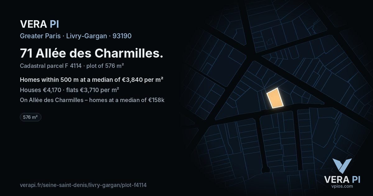 71 Allée des Charmilles, Livry-Gargan at night – the plot lit, the parcels around coloured by the prices near them