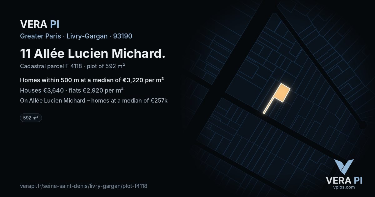 11 Allée Lucien Michard, Livry-Gargan at night – the plot lit, the parcels around coloured by the prices near them