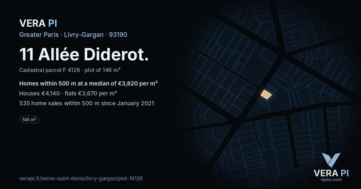 11 Allée Diderot, Livry-Gargan at night – the plot lit, the parcels around coloured by the prices near them