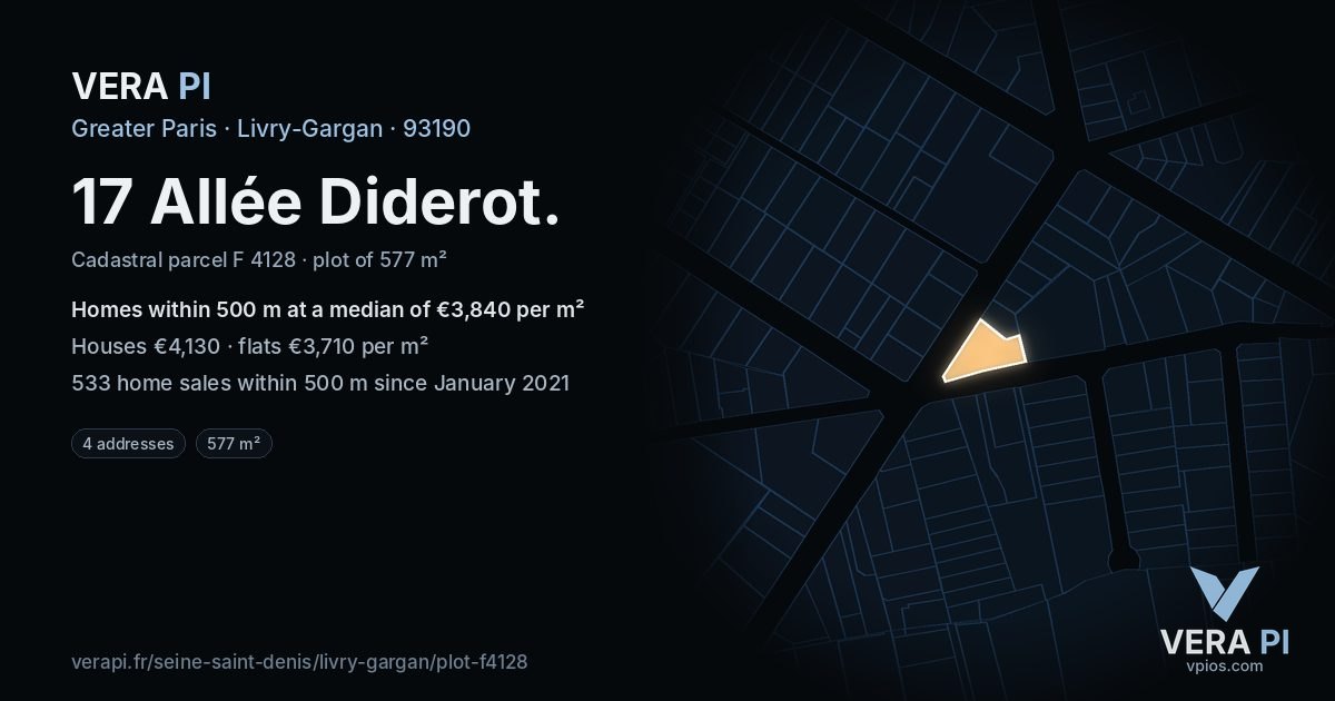 17 Allée Diderot, Livry-Gargan at night – the plot lit, the parcels around coloured by the prices near them