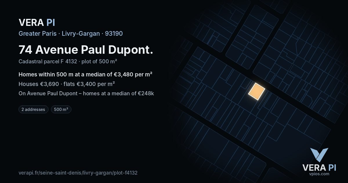 74 Avenue Paul Dupont, Livry-Gargan at night – the plot lit, the parcels around coloured by the prices near them