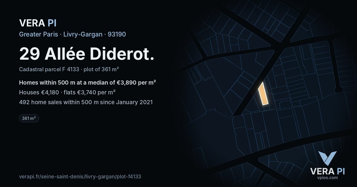 29 Allée Diderot, Livry-Gargan at night – the plot lit, the parcels around coloured by the prices near them