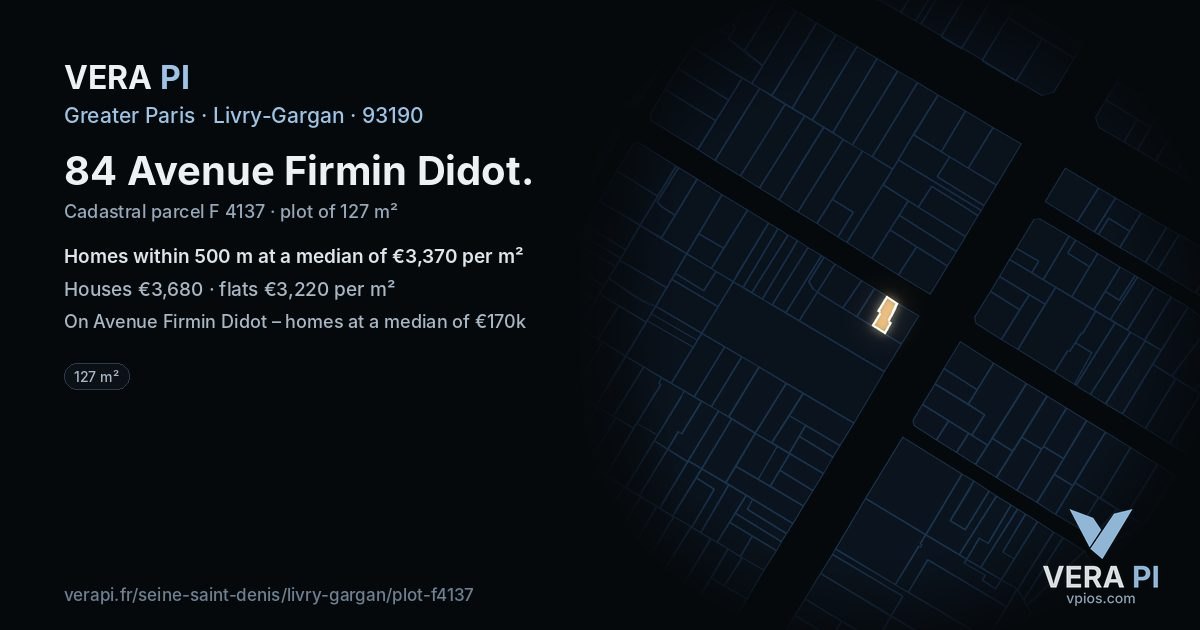84 Avenue Firmin Didot, Livry-Gargan at night – the plot lit, the parcels around coloured by the prices near them