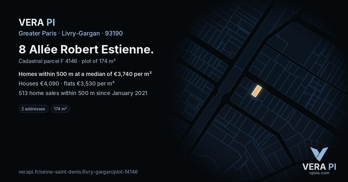 8 Allée Robert Estienne, Livry-Gargan at night – the plot lit, the parcels around coloured by the prices near them