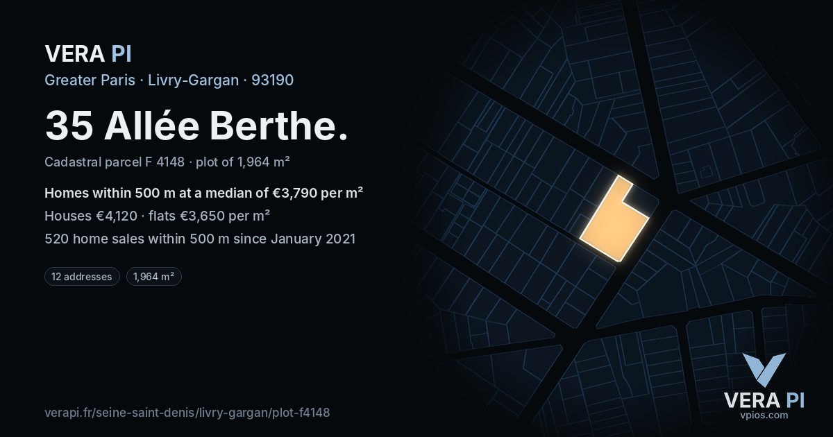 35 Allée Berthe, Livry-Gargan at night – the plot lit, the parcels around coloured by the prices near them