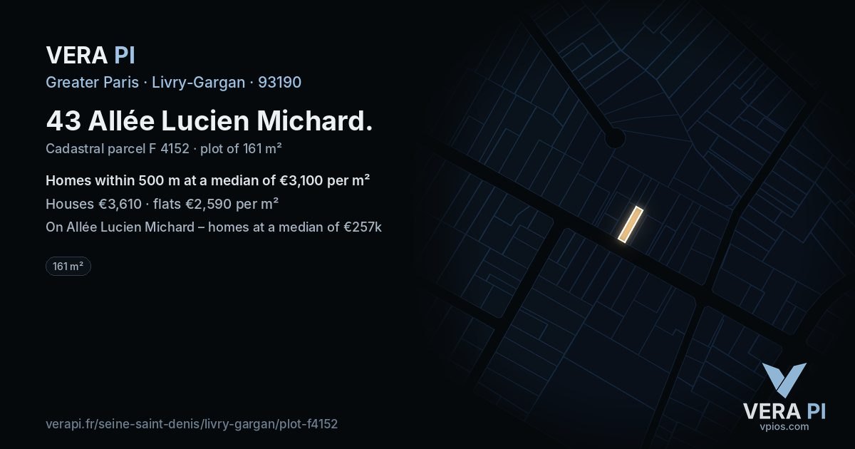43 Allée Lucien Michard, Livry-Gargan at night – the plot lit, the parcels around coloured by the prices near them
