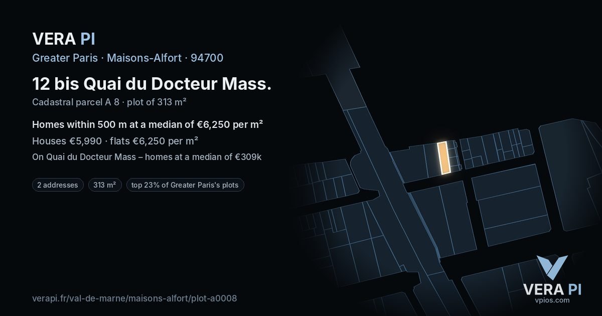 12 bis Quai du Docteur Mass, Maisons-Alfort at night – the plot lit, the parcels around coloured by the prices near them